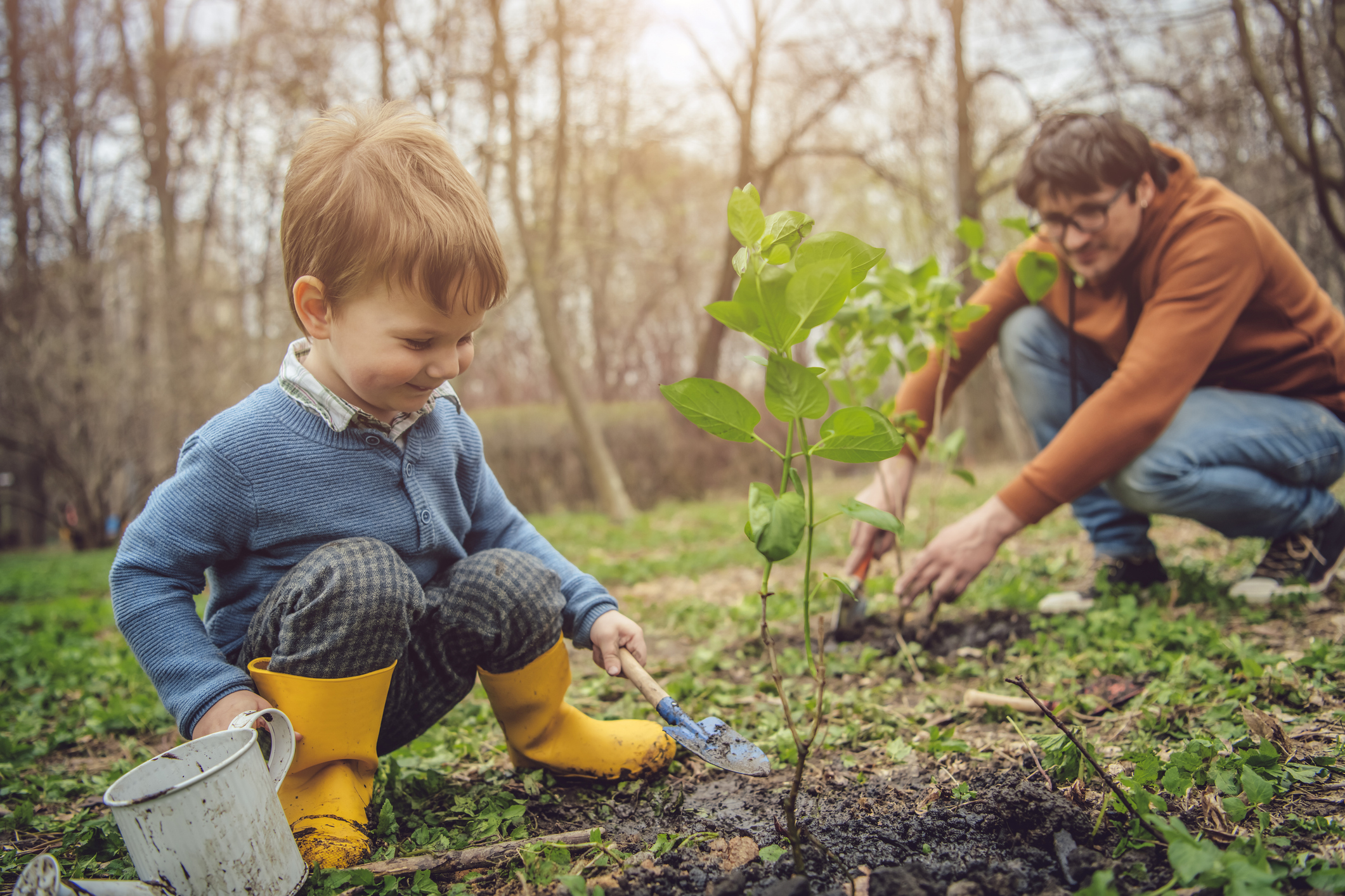Father And Son Watering Tree While Gardening On Arbor Day In Spring